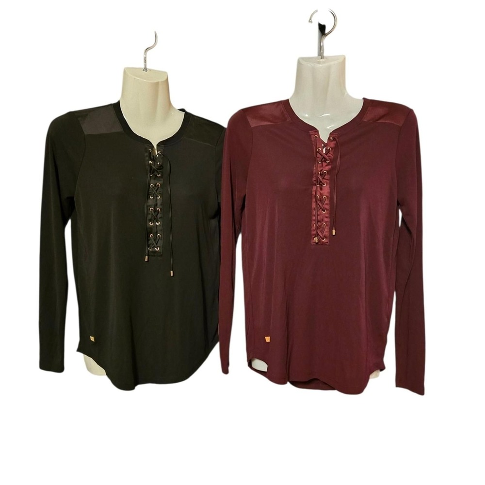 Lauren Ralph Lauren Lace Up Long Sleeve Top Bundle Black Burgundy XS 2 Pack - Picture 2 of 5
